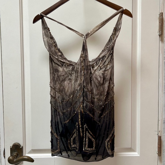 ALLSAINTS Elena SILK Metallic BEADED SEQUIN chocolate Cowl Tank Top Sz US4/UK8 - Picture 3 of 7